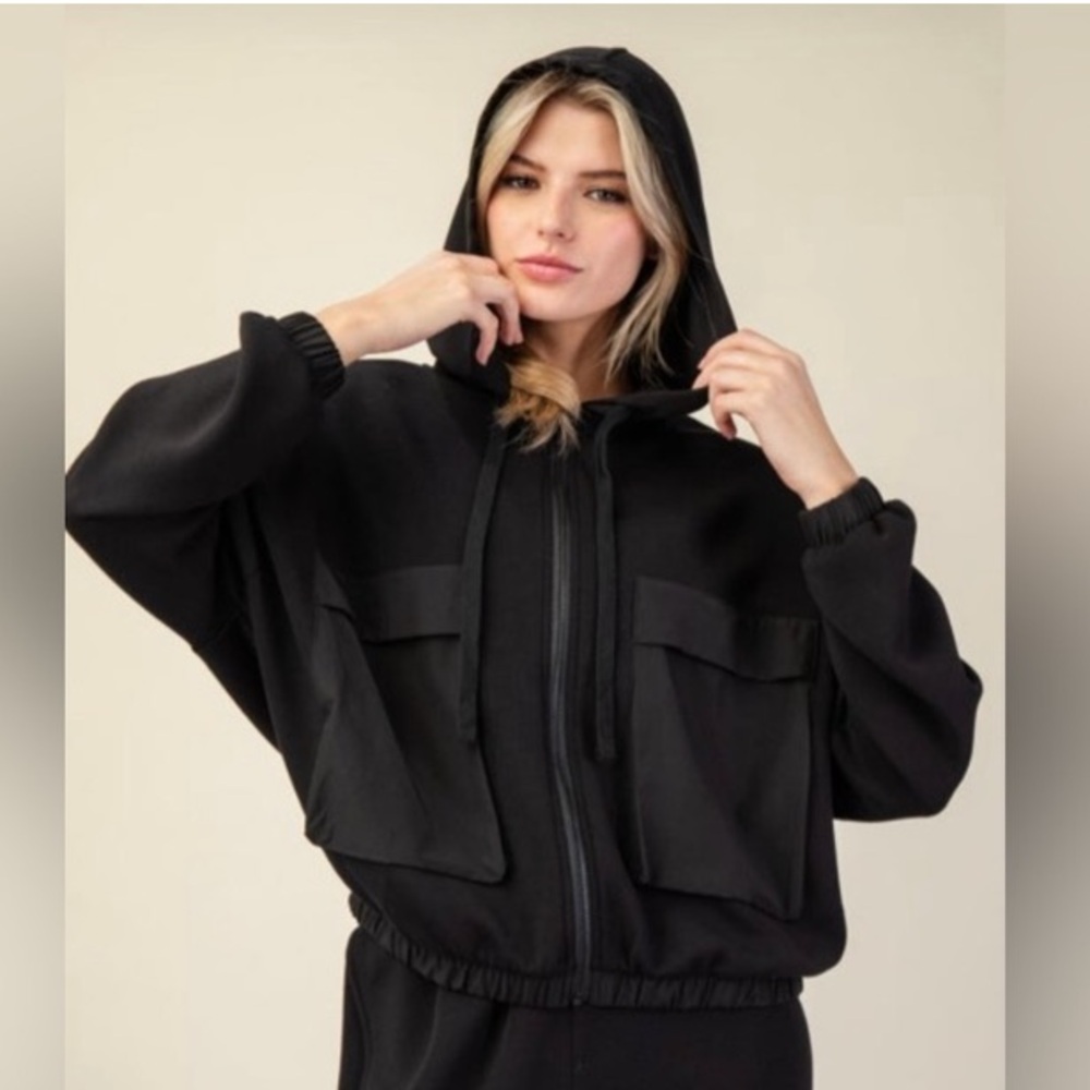 Rae Mode Modal Scuba Pocket Hoodie Jacket Black size Large